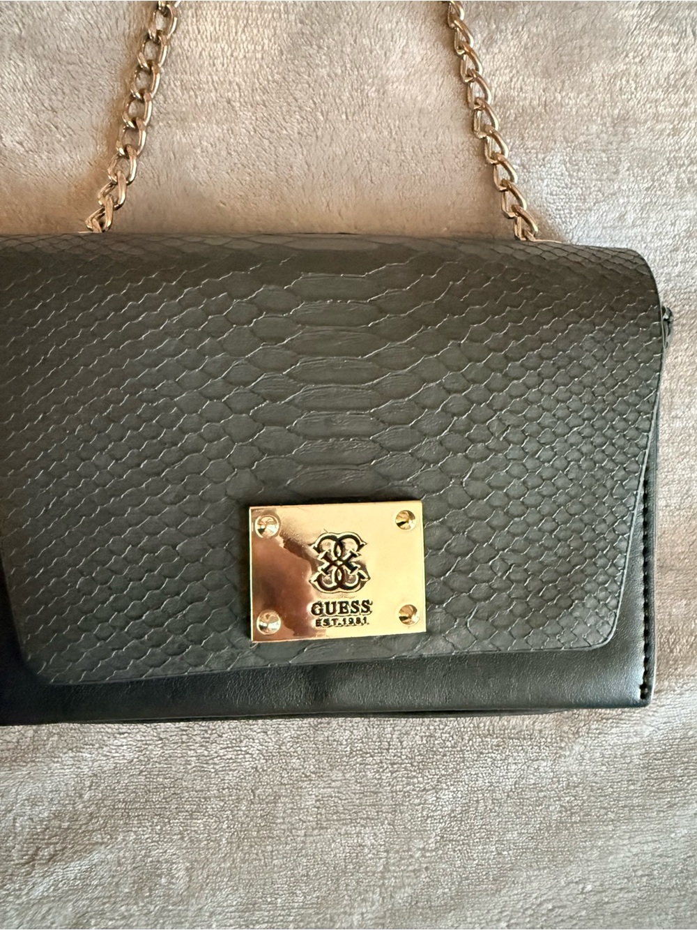 GUESS Black Textured Crossbody with Gold Plate